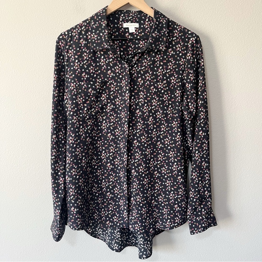 Garnet Hill 100% Silk Black Colorful Polka Dot Button Front Dress Shirt Size 8